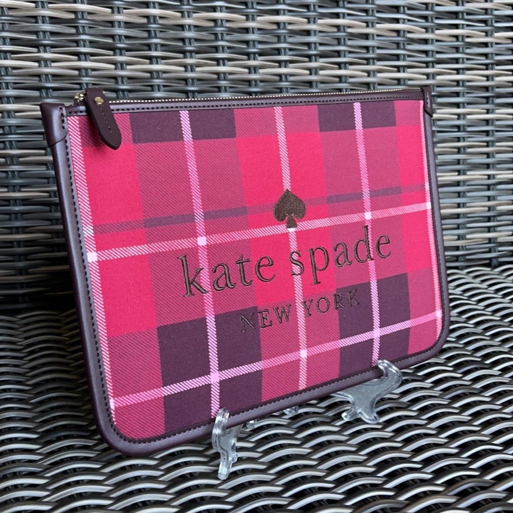 Kate Spade Ella Plaid Bright Rose Large Zip Pouch Clutch - Picture 15 of 16